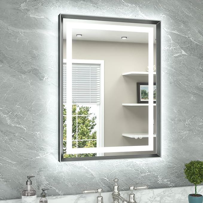 TETOTE 24 x 32 Bathroom LED Mirror Brushed Gunmetal Gray Frame Frontlit & Backlit Vanity Mirror Anti-Fog Stepless Dimmable 3 Colors White/Warm/Natural Wall-Mounted