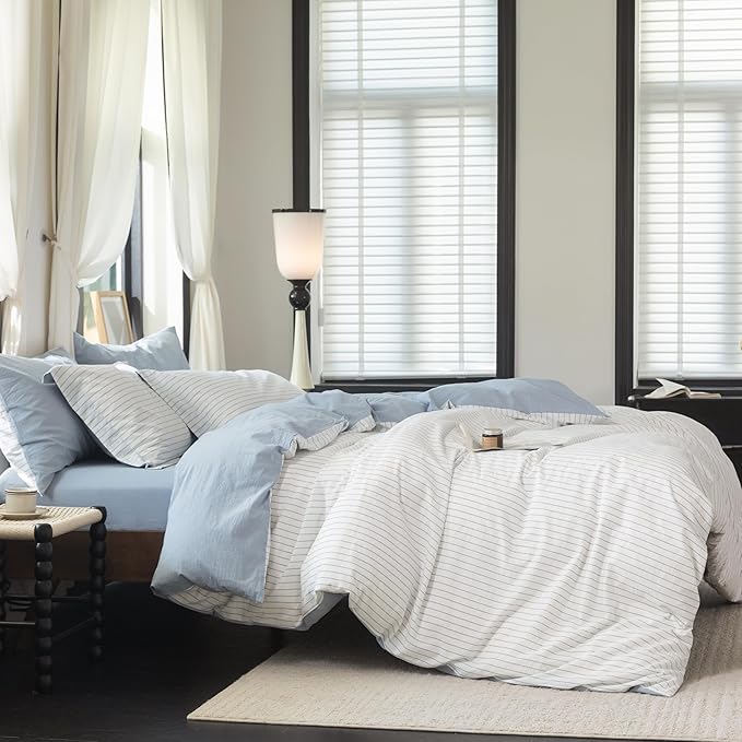 Reversible Duvet Cover Set 100% Washed Cotton Sky Blue Stripe Linen Feel Duvet Cover King Size with Zipper Closure & 2 Pillow Shams,Sky Blue/White Stripe Reverse Solid Sky Blue