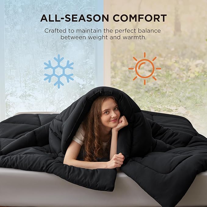 Bedsure Comforter Duvet Insert - Quilted Comforters Cal King Size, All Season Duvet, GentleSoft Down Alternative Bedding, with 8 Tabs, Gifts for Women/Men, Black, California King 96 X 102 Inches