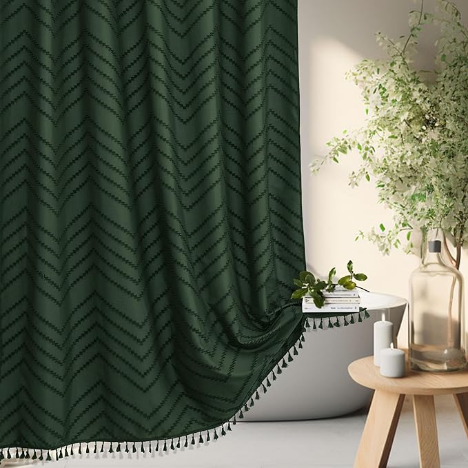 Boho Extra Long Dark Green Shower Curtain with Tassel, Woven Fabric Shower Curtain, Tufted Chevron Striped, 72 x 78, Modern Chic Textured Minimalist Bathroom Shower Curtains