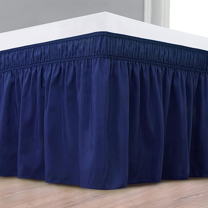 Biscaynebay Wrap Around Bed Skirts for Full & Full XL Beds 19" Long Drop, Navy Adjustable Elastic Dust Ruffles Easy Fit Wrinkle & Fade Resistant Silky Luxurious Fabric Solid Machine Washable