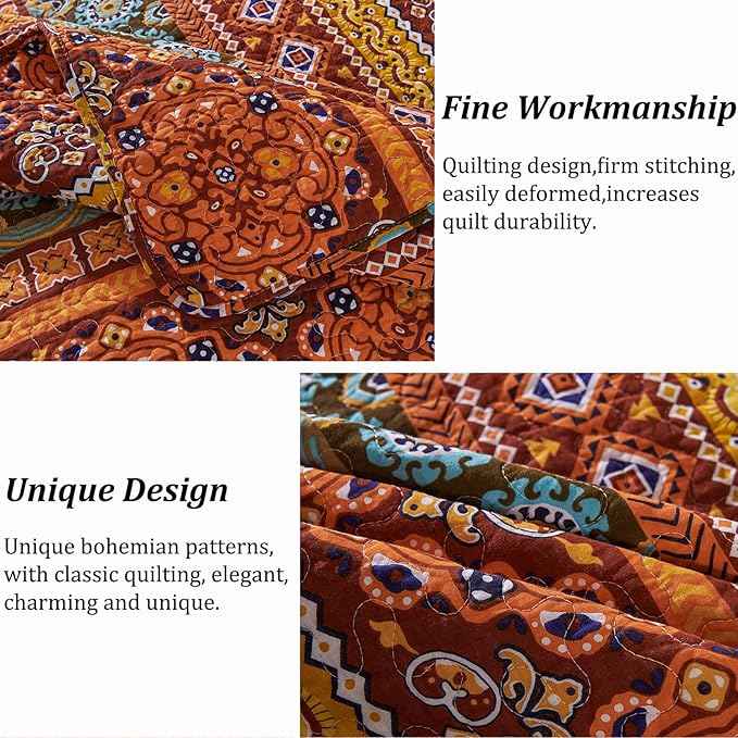 Cmfshape Orange Quilt Sets Bedspread Set 100% Cotton Boho Bedding Set, All Season Use Lightweight Reversible Coverlet Quilts with 2 Pillow Shams(King 106"x96")
