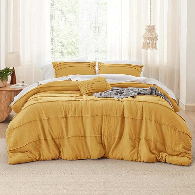 Bedsure California King Comforter Set - 4 Pieces Pinch Pleat Bed Set, Mustard Yellow Boho Bedding for All Season, 1 Soft Comforter, 2 Pillowcases, 1 Decorative Pillow