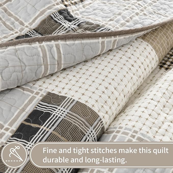 KALOOLA Plaid Queen Quilt Set, 100% Cotton Beige Queen Quilt Bedding Set, Farmhouse Reversible Quilted Bedspread Coverlet with 2 Pillow Shams, Lightweight Thin Comforter for All Season, 3 Pieces