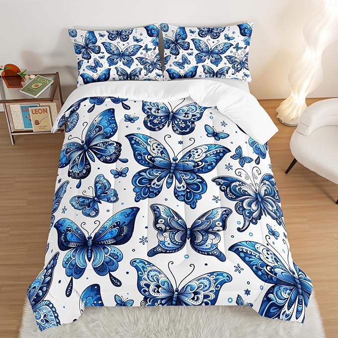 Blue Butterfly Comforter Bedding Set Queen Size,Bohemian Style Blue Series Bedding for Kids Girls Boys,Insect Themed Children's Bedding Soft Fluffy Comforter Sets with 2 Pillowcases.