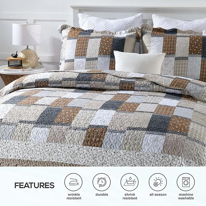 ENJOHOS Brown Plaid Floral Quilt Set King Size 98"x106", 3 Pcs Boho Bedspread Coverlet Set for All Season, Patchwork Reversible Bedding Set King