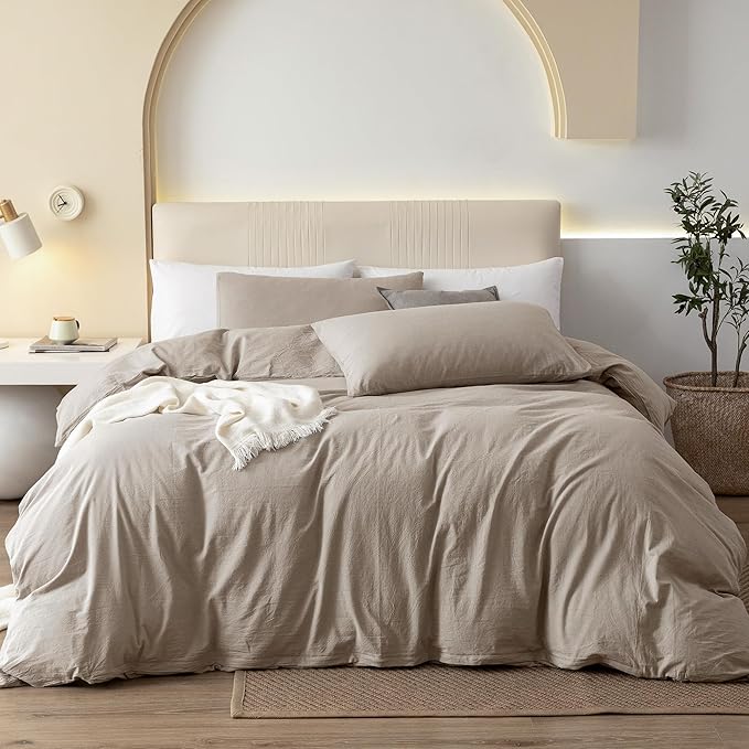 JIYUAN 100% Washed Cotton Duvet Cover Set 3 PCS Oversized Queen,1 Duvet Cover 98"x98"(Comforter Not Included) and 2 Pillowcases, Linen Like Comfy and Breathable, Heathered Tannish Linen Grey