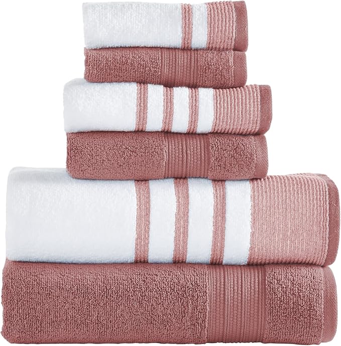 Modern Threads 6 Piece Set, 2 Bath Towels, 2 Hand Towels, 2 Washcloths, Quick Dry White/Contrast Reinhart Rosewood