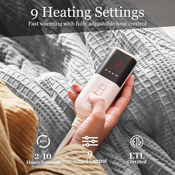 Electric Blanket Twin Size 62''X84'' - Heated Blanket with Single Control Fast Heating 9 Heating Levels & 10 Hours Auto Off,ETL Certified Machine Washable (Grey)