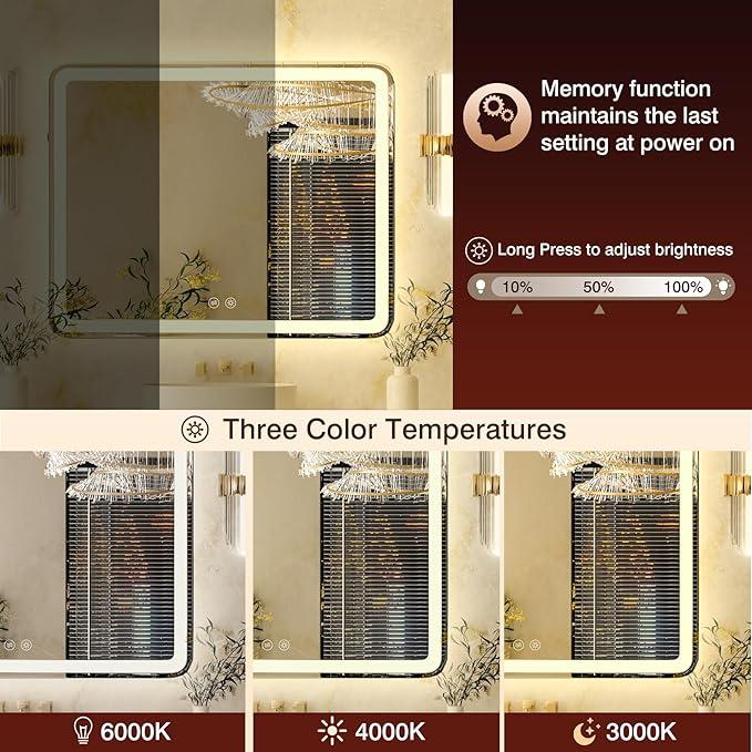 48X38 LED Bathroom Mirror with Lights, Anti-Fog Lighted Vanity Mirror Wall Mounted, 3 Colors Temperature & Dimmable Bathroom Mirror with LED Lights