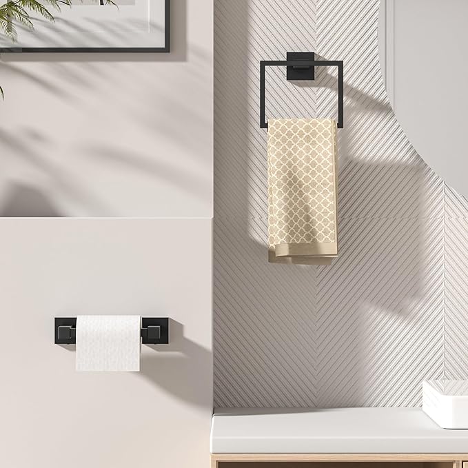 FORIOUS Toilet Paper Holder Set Wall Mount, SUS 304 Stainless Steel Pivoting Toilet Paper Holder and Towel Ring, Hand Towel Holder Set for Bathroom, Square Bathroom Hardware Set, Matte Black