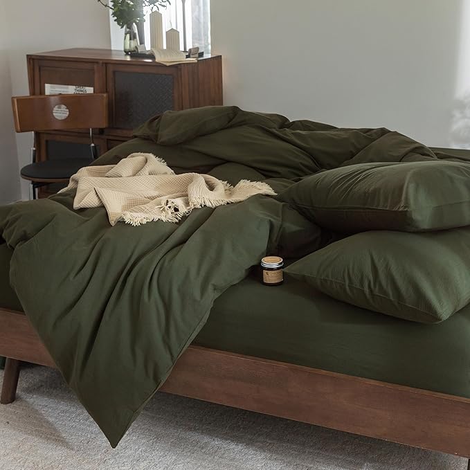 FOSSA Duvet Cover Set 100% Washed Cotton Linen Feel Super Soft Breathable Cozy 3 Pieces Bedding Sets Solid Olive Green Super King