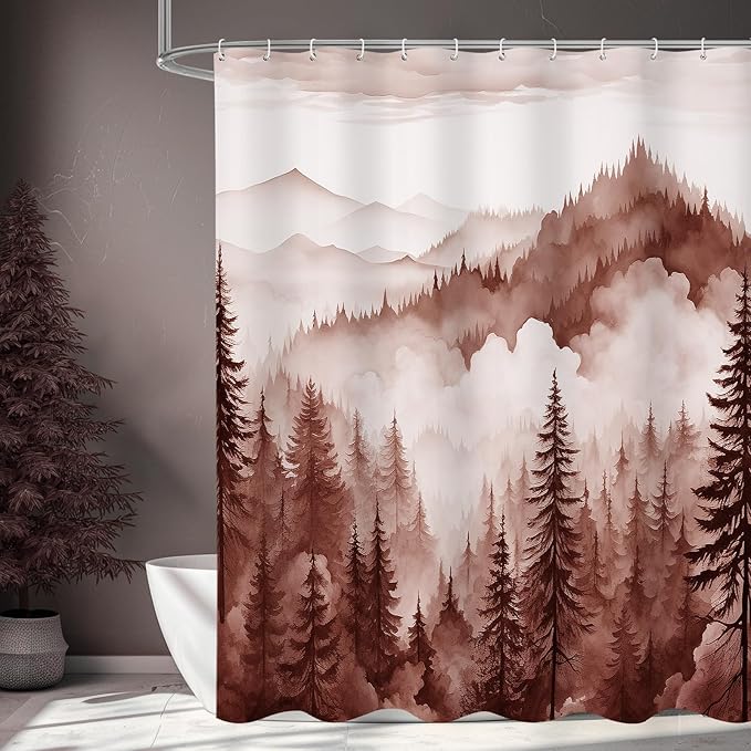 Burgundy Long Misty Pine Forest Shower Curtain 72 x 78, Mountain Foggy Woodland Scenery Tree 78 Inch Long Shower Curtains for Bathroom, Abstract Waterproof Nature-Themed Decor