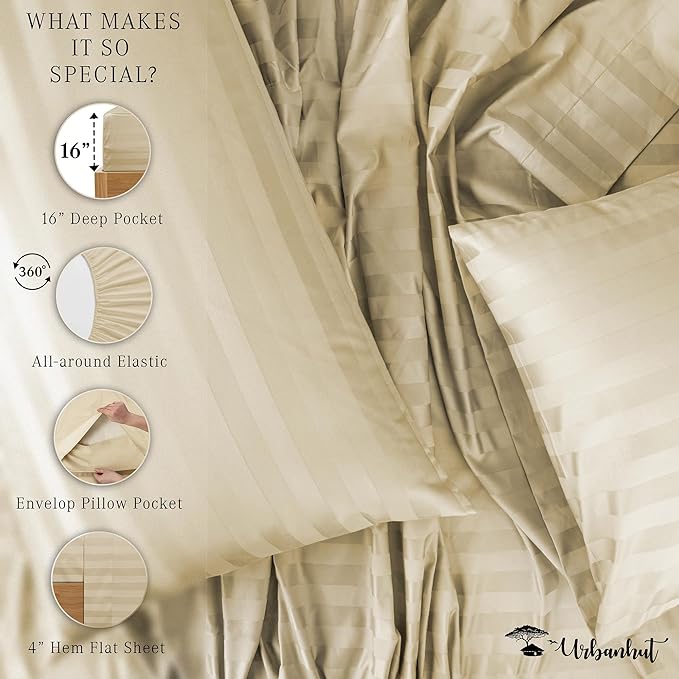 URBANHUT 1000 Thread Count Damask Striped King Size Egyptian Cotton Sheets, Long Staple Soft & Breathable, 4 Pc Bed Sheet Sets, Luxury Hotel Sateen Sheets Fits 16" Deep Pocket - Sand