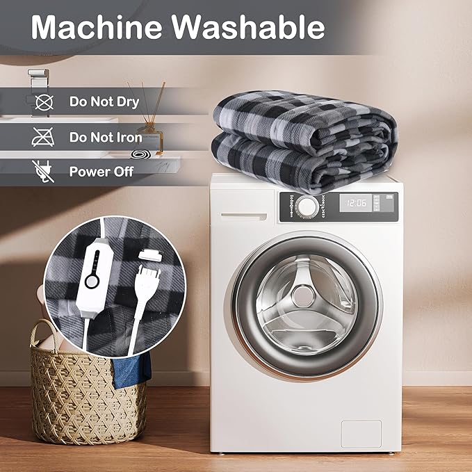 Electric Heated Blanket Full 72"x84", Soft Fleece with 10 Hours Auto-Off & 4 Heating Levels, Ultra-Soft, Warm Cozy, Machine Washable, Plaid Pattern, Dark Gray