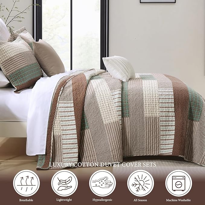 Uniclinens Plaid Quilt Queen Size, 100% Cotton Patchwork Quilt Bedding Set, Brown Lightweight Farmhouse Bedspread/Coverlet/Comforter Set, 3 Pieces Set with 2 Pillowshams, Brown/Green/Cream