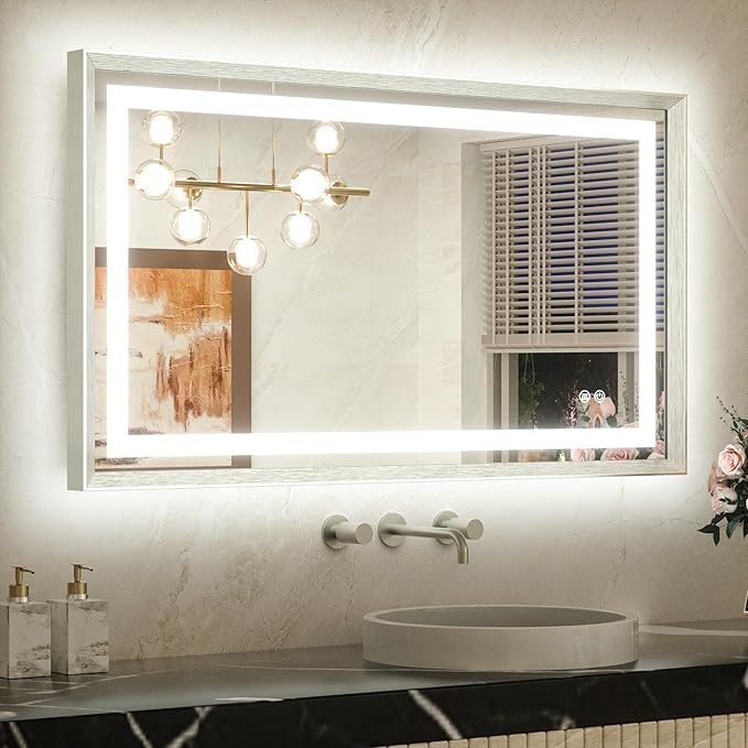 TETOTE 40 x 24 Led Mirror Brushed Nickel Metal Frame Frontlit & Backlit Vanity Mirror Anti-Fog Stepless Dimmable 3 Colors White/Warm/Natural Wall Mirror with Lights Wall-Mounted