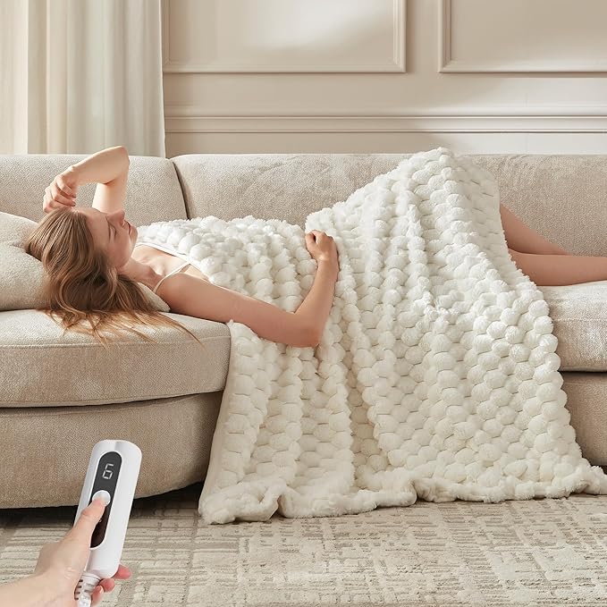 CCU-Warmth Heated Throw Blanket - Fast Heating 3D Jacquard Electric Heated Blanket, Cozy Heating Blanket with 6 Heating Settings & 4 Hours Auto-Off, 50"x60", White