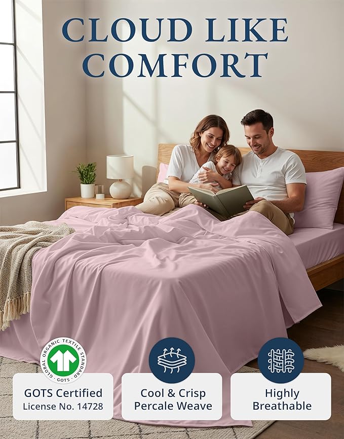 LANE LINEN Eco Friendly 100% Organic Cotton Sheets Queen Size, Mercerized Cotton Fully Elasticized Reinforced Seams Low Pill Fade Resistant Hotel Luxury Bed Sheets Set- Dusty Rose