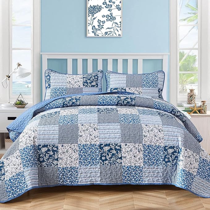 Mybedsoul Blue Quilt Set Twin Size, 2 Pieces Plaid Floral Bedspread Set Patchwork Reversible Bedding Set Microfiber Lightweight Bedspread Coverlet Set for All Season 68"x86"