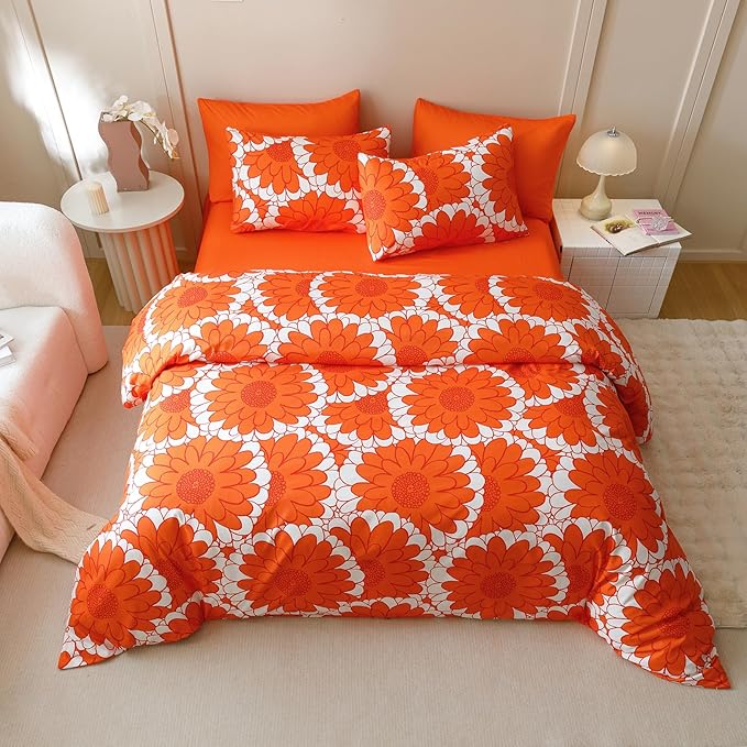 KAREVER Orange Sunflower Comforter Set Twin Size Orange Sunflower Bedding Set 3 PCs Comforter Set Twin Size Fluffy Linen Comforter Sets