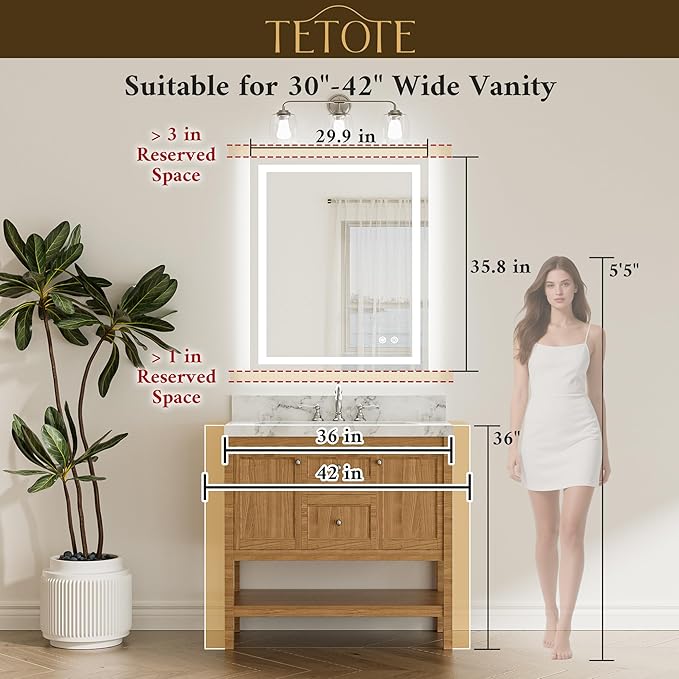 TETOTE LED Bathroom Mirror 30 x 36 Front and Backlit Lighted Bathroom Vanity Mirror with Brighter Lights 3-Color Dimmable Led Anti Fog Light up Mirror, Waterproof, Shatterproof Tempered Glass