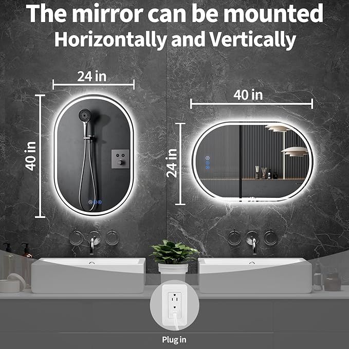 Bathroom Mirror 24"x40" LED Bathroom Mirror with Lights, Anti-Fog, Dimmable Oval Mirrors with Front Light and Backlit, Modern Farmhouse Wall Mounted Mirror for Decorative