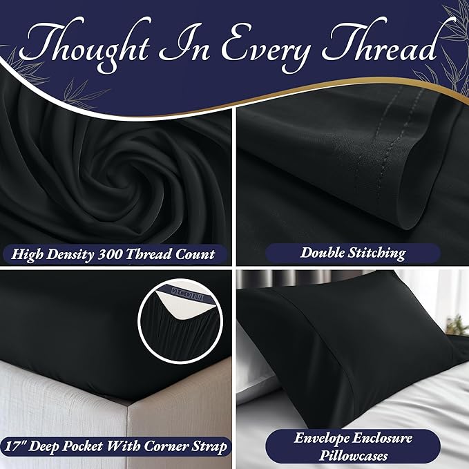 DECOLURE 100% Viscose Derived from Bamboo Sheets King Size 4pcs - Ultra Soft & Luxuriously Cooling, 17" Deep Pocket, Double Stitching, Perfect for Hot Sleepers - King Bed Sheets (Black)