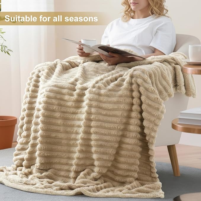 decorUhome Christmas Soft Fleece Light Brown Blanket Queen Size for Bed, Cozy Fluffy Plush Flannel Large Striped Throws for Couch Sofa, Lightweight Decorative Fuzzy Blanket for Woman, 90x90 Inches
