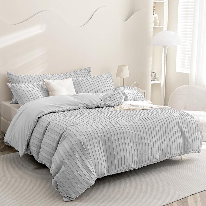 JELLYMONI Duvet Cover Twin Size Light Grey - 3PCS Boho Striped Duvet Cover Set Polyester Tufted Bohemian Textured Comforter Cover 68×90in with Corner Ties & Zipper and 2 Pillowcases
