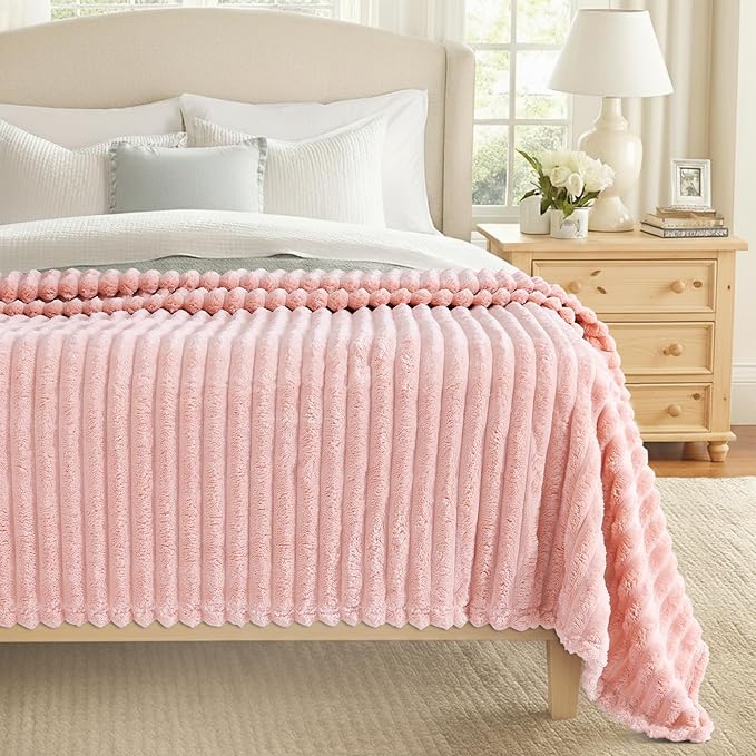 decorUhome Christmas Soft Fleece Pink Throw Blanket for Couch, Cozy Fluffy Plush Flannel Striped Blanket for Sofa Bed, Lightweight Decorative Ribbed Fuzzy Blanket for Woman, 50x60 Inches