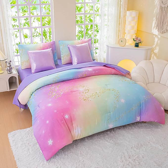 Rainbow Bedding Set Full Size – 7 Piece Reversible Girls Comforter with Deep-Pocket Sheet, Gradient Galaxy Design, Whole-Piece Filling, Machine Washable Bed-in-a-Bag for Kids Room Makeover & Gifts