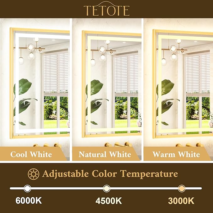 TETOTE 24 x 32 Bathroom LED Mirror Brushed Gold Metal Frame Frontlit & Backlit Vanity Mirror Anti-Fog Stepless Dimmable 3 Colors White/Warm/Natural Mirror with Lights Wall-Mounted