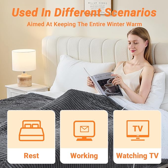 Heated Blanket Electric Full, Soft Flannel Heating Blanket with 8 Hours Auto Off 10 Fast Heating Levels Machine Washable Sherpa Heated Blanket with Overheating Protection