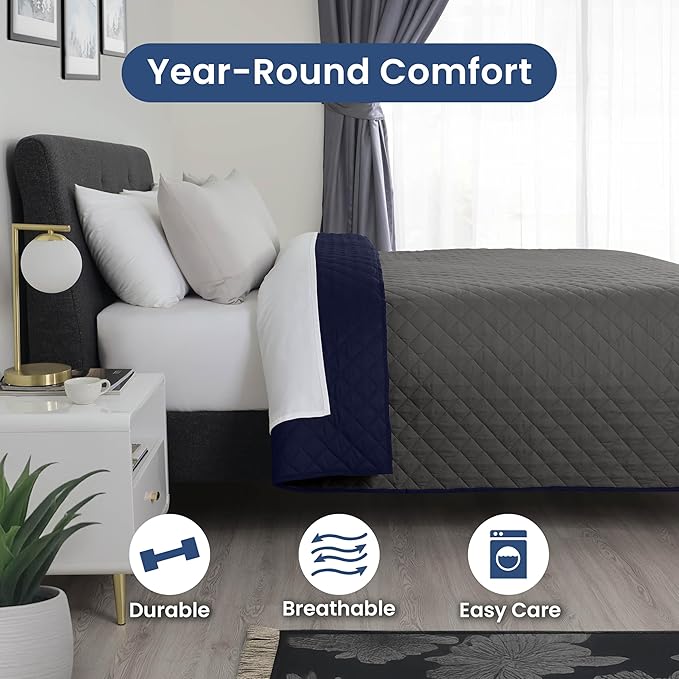 Martex Reversible Coverlet – Twin Bed Quilt – Lightweight Twin Size Bedding – Durable Quilts for Bed – Soft - Easy Care Bedding – Graphite/Navy