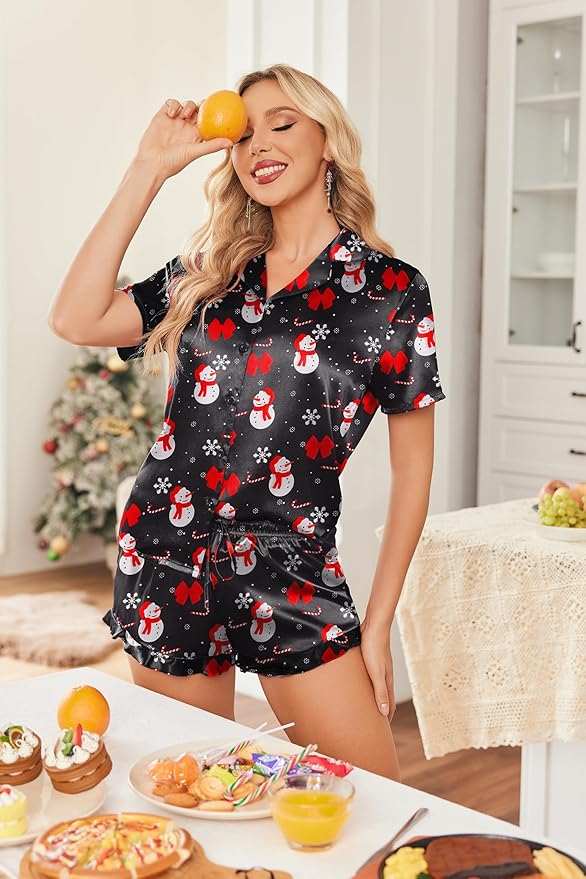 HOTOUCH Womens Satin Pajamas Set Button Down 2 Piece Silk Pjs Shorts Set Ruffle Lingerie Notch Collar Sleepwear