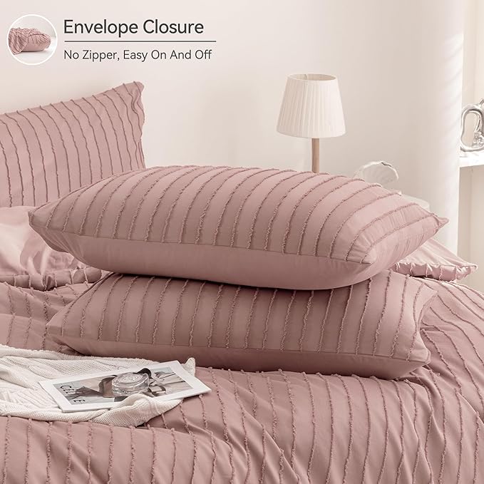 JELLYMONI Duvet Cover Queen Size Smokey Pink - 3PCS Boho Striped Duvet Cover Set Polyester Tufted Bohemian Textured Comforter Cover 90×90in with Corner Ties & Zipper and 2 Pillowcases