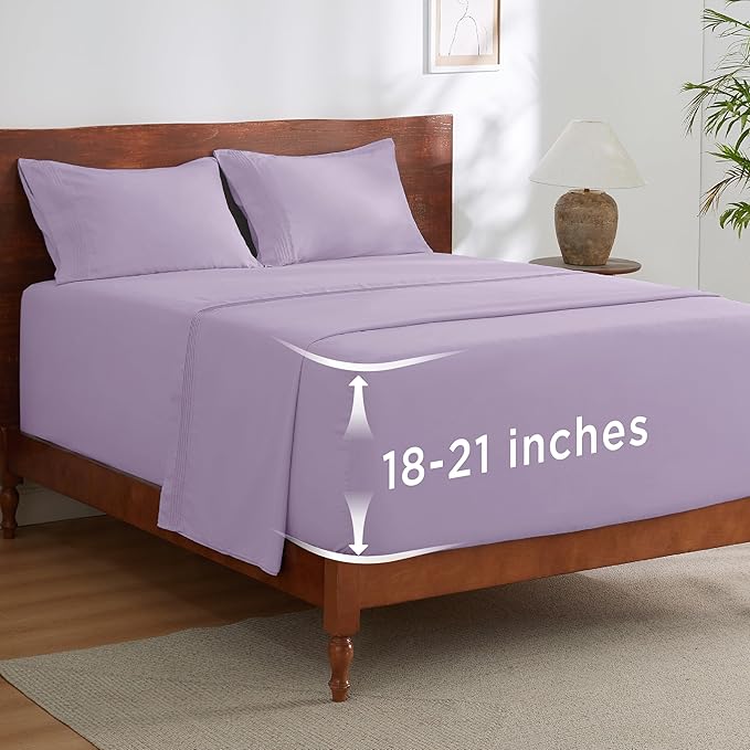 Bedsure Deep Pocket Queen Sheets Set - Fits Mattresses Up to 21 Inches Thick - 4 Piece GentleSoft Bed Sheets, Moisture Wicking, Soft & Cooling Bedsheet & Pillowcases, Easy & Secure Fit, Light Purple