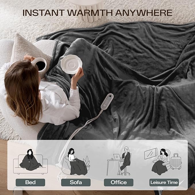 Heated Blanket Twin Size, Electric Blanket with 1-10 hrs Timer Auto-Off & 8 Heating Levels, Double-Layer Flannel Heating Blanket with ETL Certification, Machine Washable (62”x 84”, Dark Grey)