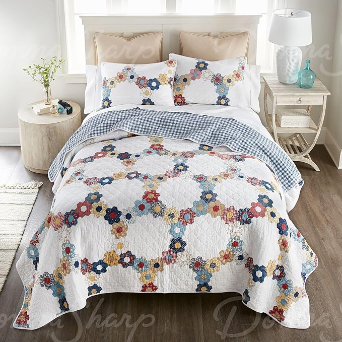 Donna Sharp Prairie Cotton Quilted Bedding Set - 3-Piece Queen Size Cotton Quilt Set - Includes 1 Floral Garden Hexagon Quilt and 2 Pillow Shams - Machine Washable