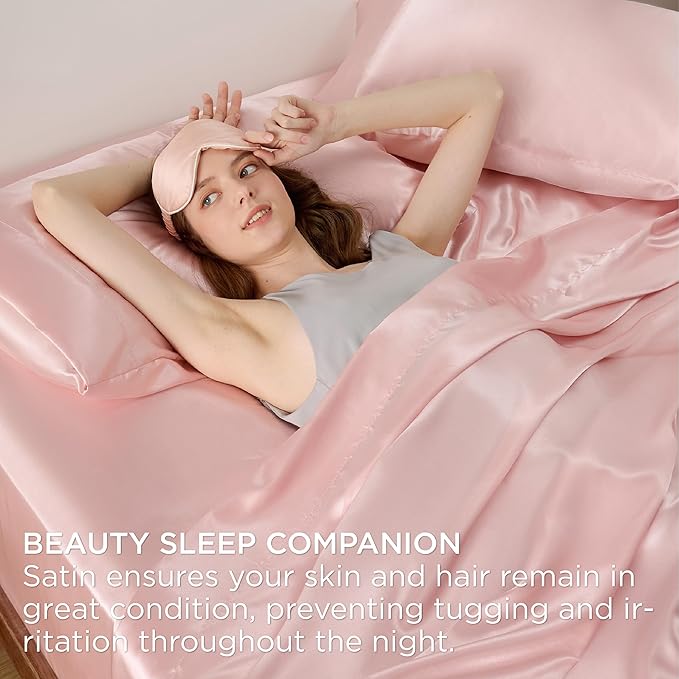 Bedsure Pink Satin Sheets Queen Size - 4 Piece Silky Bedsheets with 15 Inches Deep Pocket Fitted Bedsheet,1 Flat Sheet, 2 Satin Pillowcases, Good for Hair & Skin (Queen, Pink)