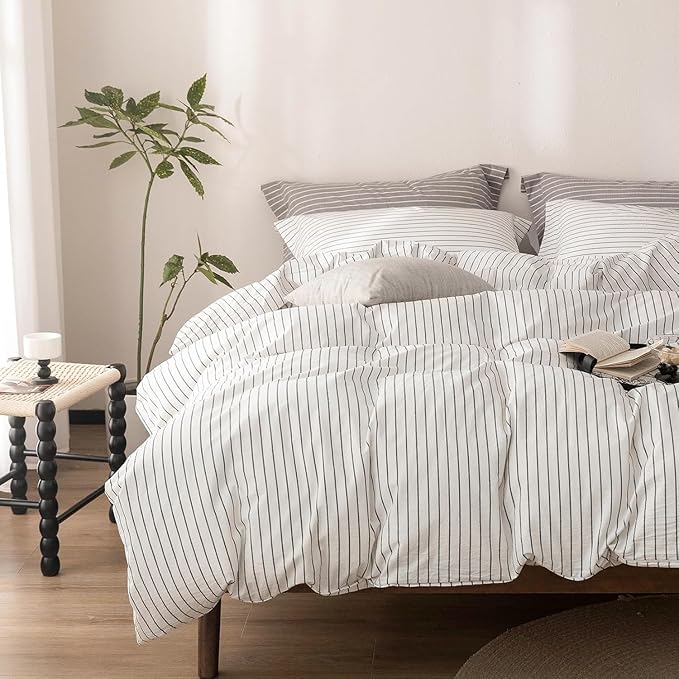 Stripe Duvet Cover California King Size 104inch x 98inch, 100% Washed Cotton Linen Feel Duvet Cover with Zipper Closure and 2 Pillowcases, Color of White-Dark Grey Stripe