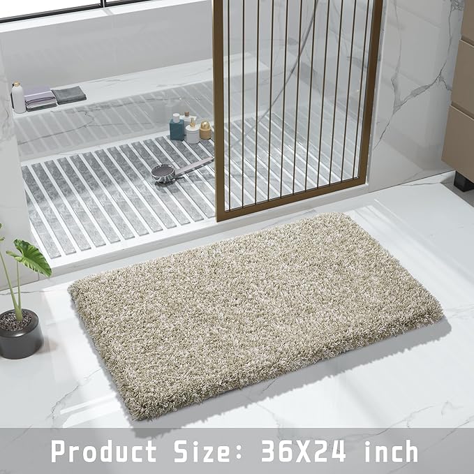 Yimobra Bathroom Rugs Non Slip Washable 36x24, Ultra Soft and Water Absorbent Bath Mats, Plush Fluffy Shower Mat Outside, Luxury Microfiber Thick Matts for Bathroom Floor/Tub, Light Tan and White