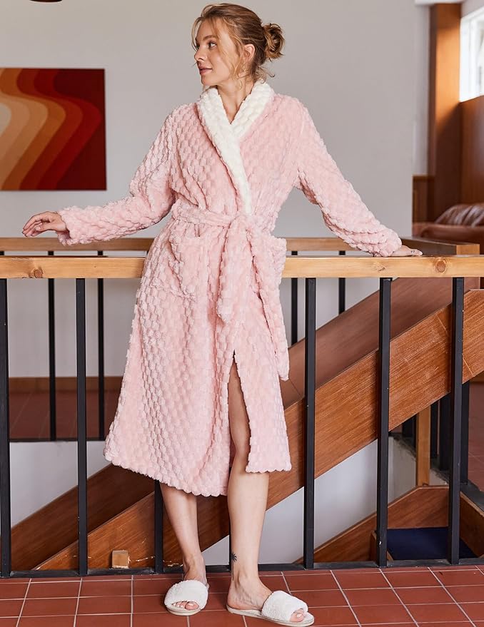 Ekouaer Women's Robe Long Plush Soft Bathrobe Jacquard Color Block Robes Shawl Collar Sleepwear with Pockets S-XXL
