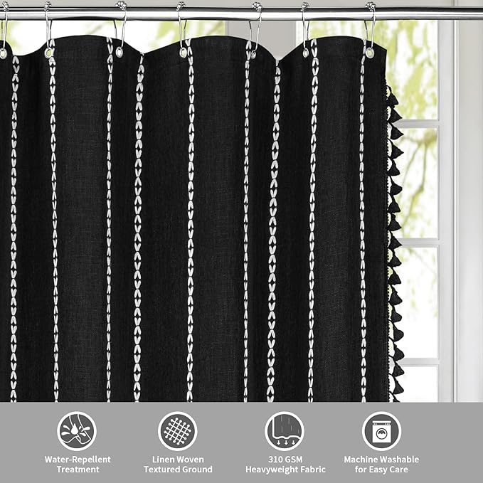 MitoVilla Boho Long Shower Curtain 72 x 78, Black Farmhouse 78 inch Long Polyester Linen Fabric Shower Curtains with Tassel for Chic Cottagecore French Rustic Bathroom Decor