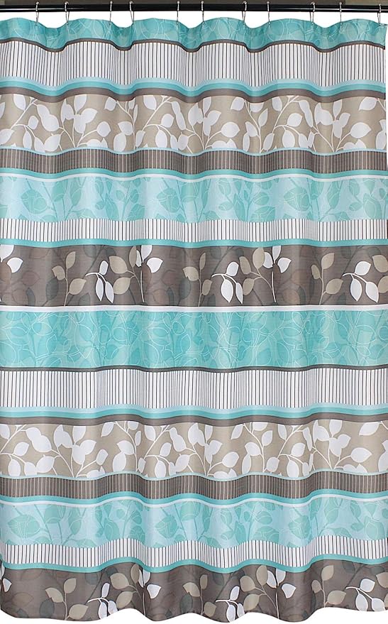 Serafina Home Hotel Quality Fabric Bathroom Shower Curtain: Striped Floral - Teal, Blue, Brown, Beige and White (72 x 70 inches)