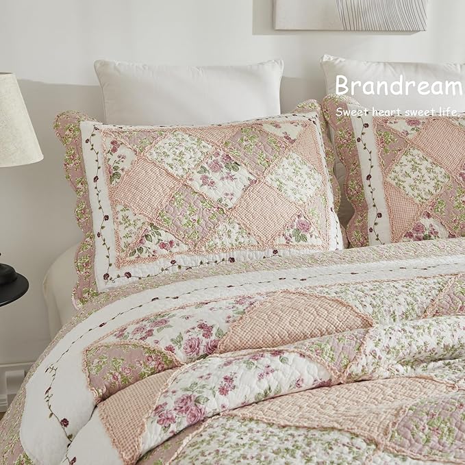 Brandream Queen Size Quilt Set Cotton Patchwork Quilts Blush Pink Country Floral Bedding Patchwork Quilted Comforter Set 3-Piece