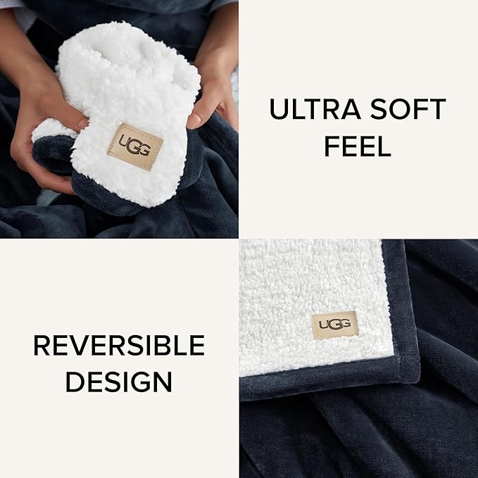 UGG Ariana King/California King Blanket Fleece Fluffy Reversible Soft Fuzzy Bedding Cozy Plush Warm Oversized Blanket Machine Washable Bedroom Decor for Big Couch or Bed, 110-inch x 90-inch, Navy Blue