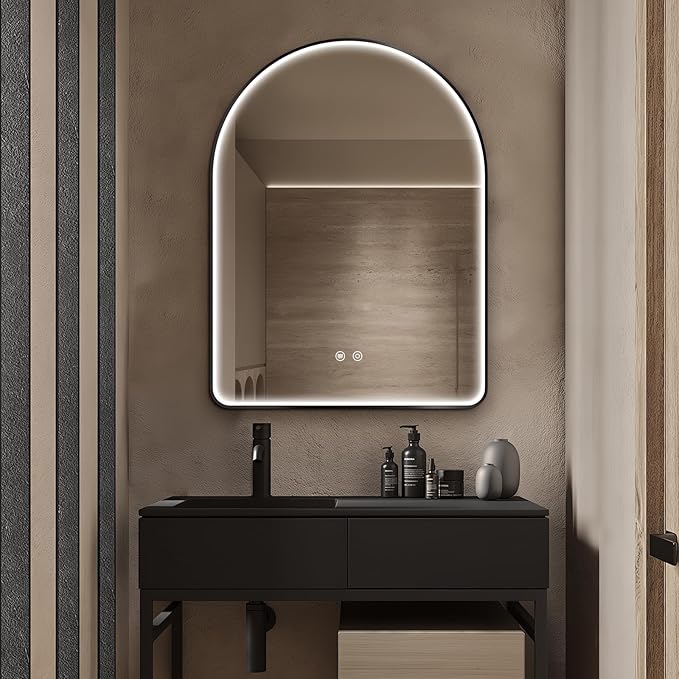 Niccy Arched LED Bathroom Mirror, 40"x30" Black Framed Arch Wall Lighted Mirrors, Arching Frontlit Vanity-Mirror with Memory Function for Bathroom Bedroom, Defogger and 3 Color, Explosion-Proof
