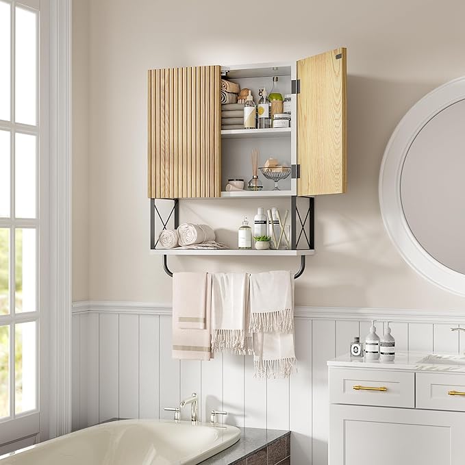 Bathroom Wall Medicine Cabinet, Fluted Hanging Bathroom Wall Mounted Cabinet with Towel Bar, Above Toilet Storage Cabinet for Bathroom Organizers and Storage, Medium Size, White